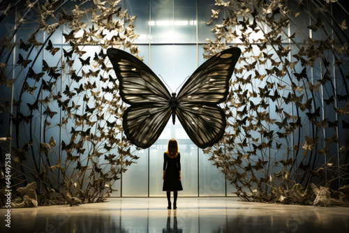 a woman is looking at a metal sculpture of a giant butterfly surrounded by hundreds of small butterflies. © VicenSanh