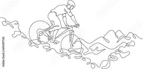 Mountain bike. Extreme sport. Cyclist. Sportsman on a bicycle.Landscape. One continuous line. Linear. Hand drawn, white background.