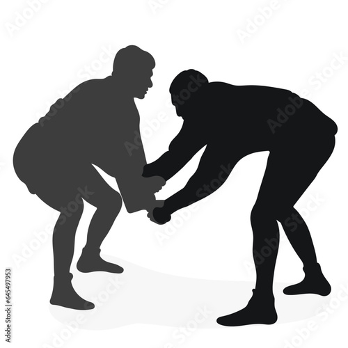 Image of silhouettes sambo athletes in sambo wrestling, combat sambo, duel, fight, fistfight, struggle, tussle, brawl, jiu jitsu. Martial art, sportsmanship