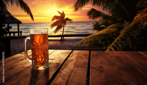 glass of light beer with froth and bubbles on the sea beach at sunset