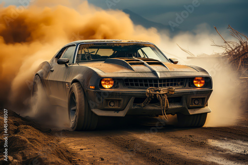a muscle car design on a muddy, dirty, dirty road © VicenSanh