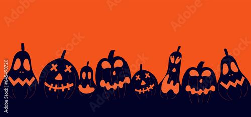 Black Halloween pumpkins border on orange background. Carved pumpkin jack o  lantern characters. Spooky and angry carved faces for autumn holiday .