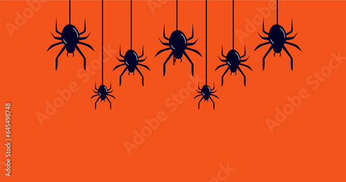 Halloween orange background with black hanging spiders. Vector illustration.