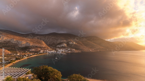 Panorama showing sunset on Amorgos island aerial timelapse from above. Greece