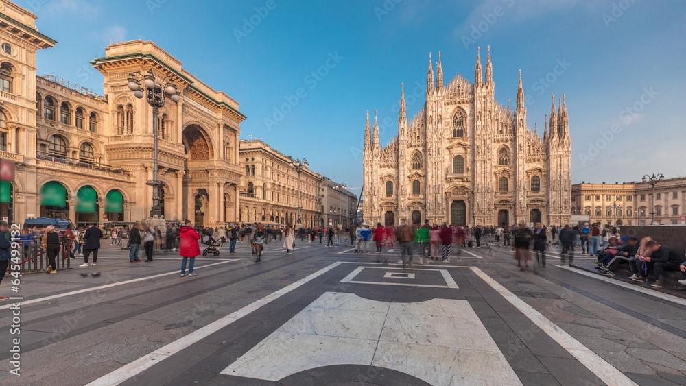 Panorama showing Vittorio Emanuele gallery and Milan Cathedral timelapse.