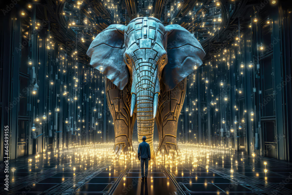 a man is looking at a giant cyborg elephant that appears to be connected to thousands of wires. - obrazy, fototapety, plakaty 