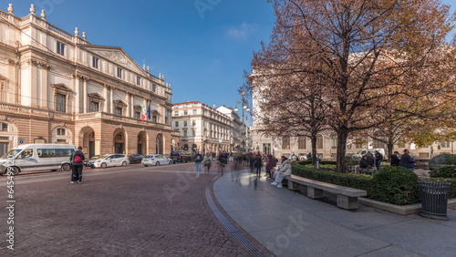Panorama showing theater La Scala timelapse and a monument to Leonardo da Vinci photo
