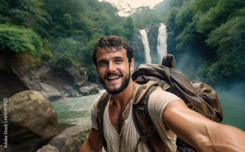 Capturing Nature's Beauty: Young, Happy Traveler Takes a Selfie by Waterfalls in the Wilderness.