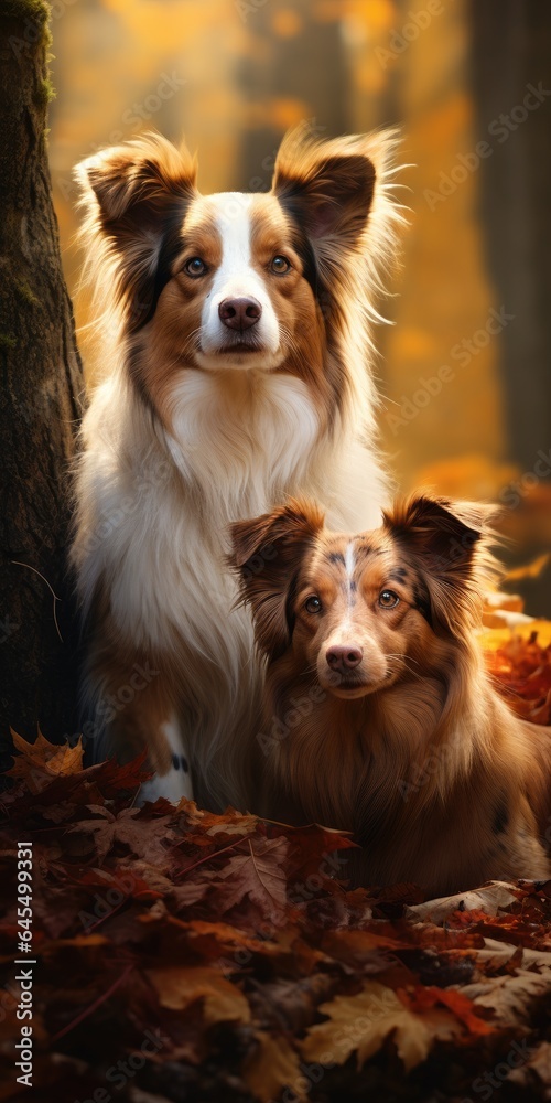 two border collie dogs in the autumn forest. Generative AI