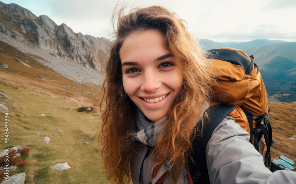 Mountain Selfie Adventure: A Joyful Native Traveler with a Backpack Exploring the Scenic Peaks of beautiful mountains. 