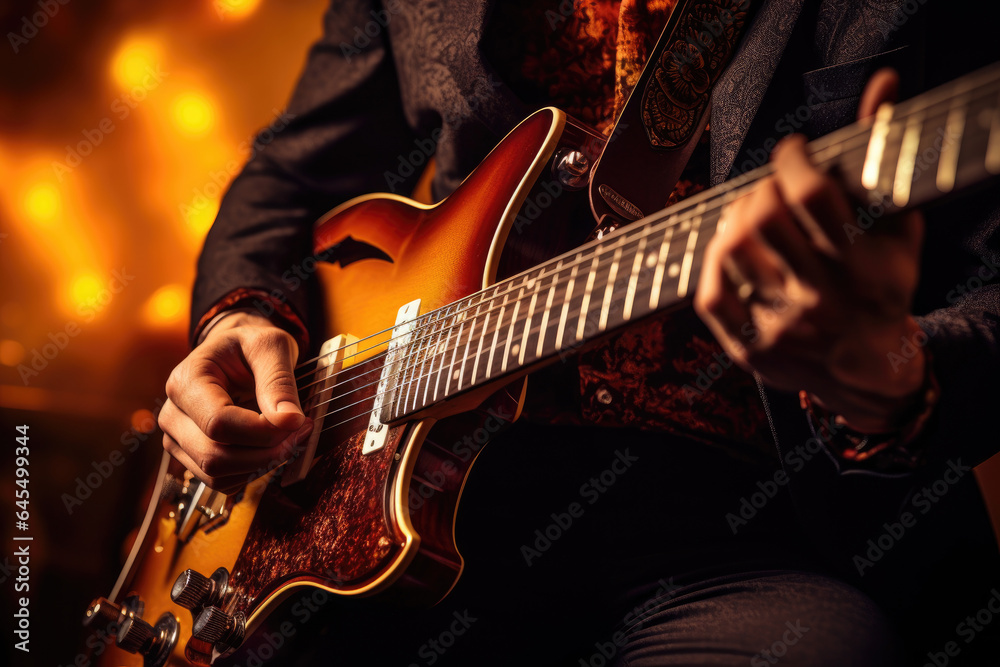 Obraz premium Close-up of a musician passionately playing a vintage guitar
