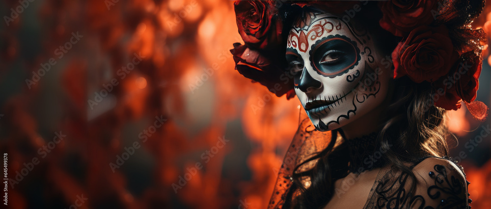 horizontal banner Dia DE Los Muertos face painting, Mexican Holiday, space for text. Generative AI horizontal banner Dia DE Los Muertos face painting, Mexican Holiday, space for text. Generative AI