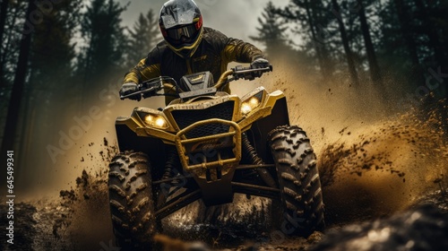 Extreme ATV rider rushing on dirt track through forest. Generative AI