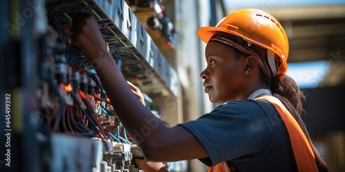 young female electrician in hardhat at work. Generative AI