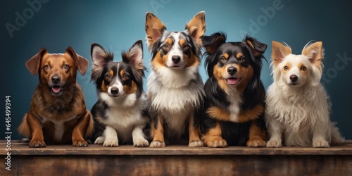 many cute dogs on a blue background. Generative AI © 22_monkeyzzz