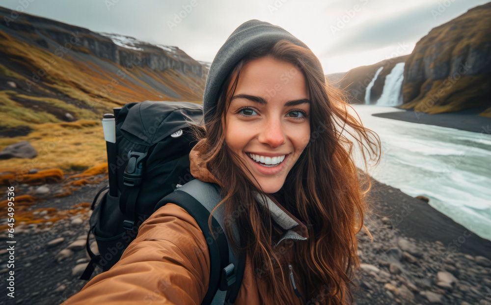 Capturing the Beauty of Nature: Happy Traveling Woman Snaps a Self-Portrait by the Stunning Iceland Waterfalls

