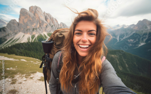 Alpine Adventure: Young, Happy Traveling Woman Takes a Selfie in the Italian Dolomites.

