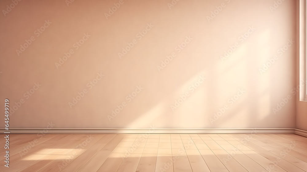 Beige Serenity: Interior Background with Glare on Empty Wall and Wooden Floor, Product Presentation, Background Beige Serenity: Interior Background with Glare on Empty Wall and Wooden Floor, Product Presentation, Background