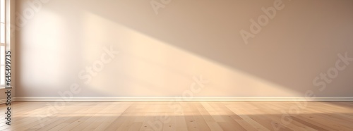 Beige Serenity: Interior Background with Glare on Empty Wall and Wooden Floor, Product Presentation, Background