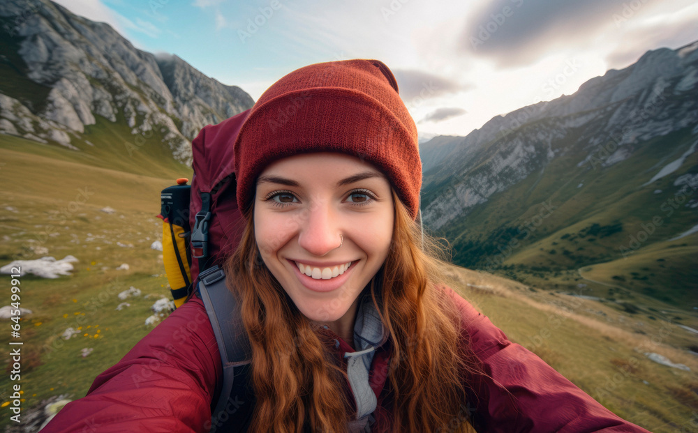 Mountain Selfie Adventure: A Joyful Native Traveler with a Backpack Exploring the Scenic Peaks of beautiful mountains. 