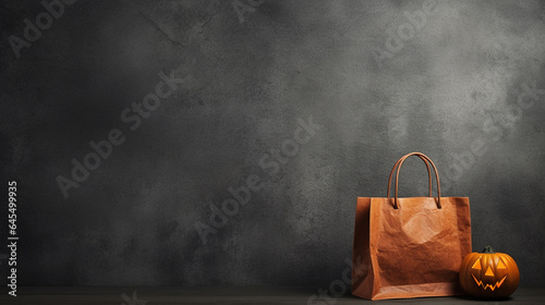 Halloween Jack-O-Lantern Themed Gift Bags or Shopping Bags Against Dark, Moody and Textured Background - Fall or Halloween Shopping Guide - Studio Lighting Effect
