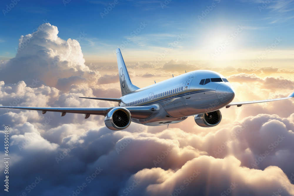 Commercial airplane jetliner flying above dramatic clouds Commercial airplane jetliner flying above dramatic clouds