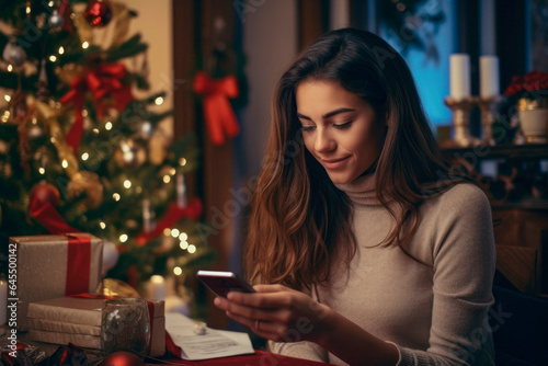 Connected Christmas: Modern Celebrations as a Young Woman Enjoys the Holidays with Her Smartphone

