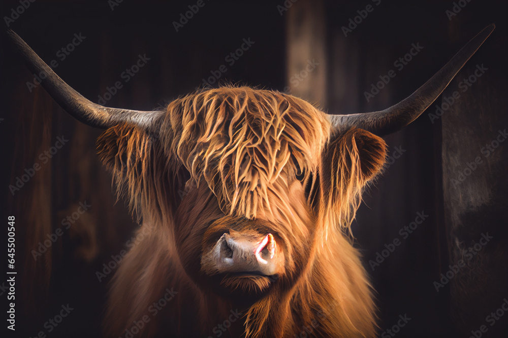 Portrait of highland cow. Digital painting created with Generative Ai technology - obrazy, fototapety, plakaty 