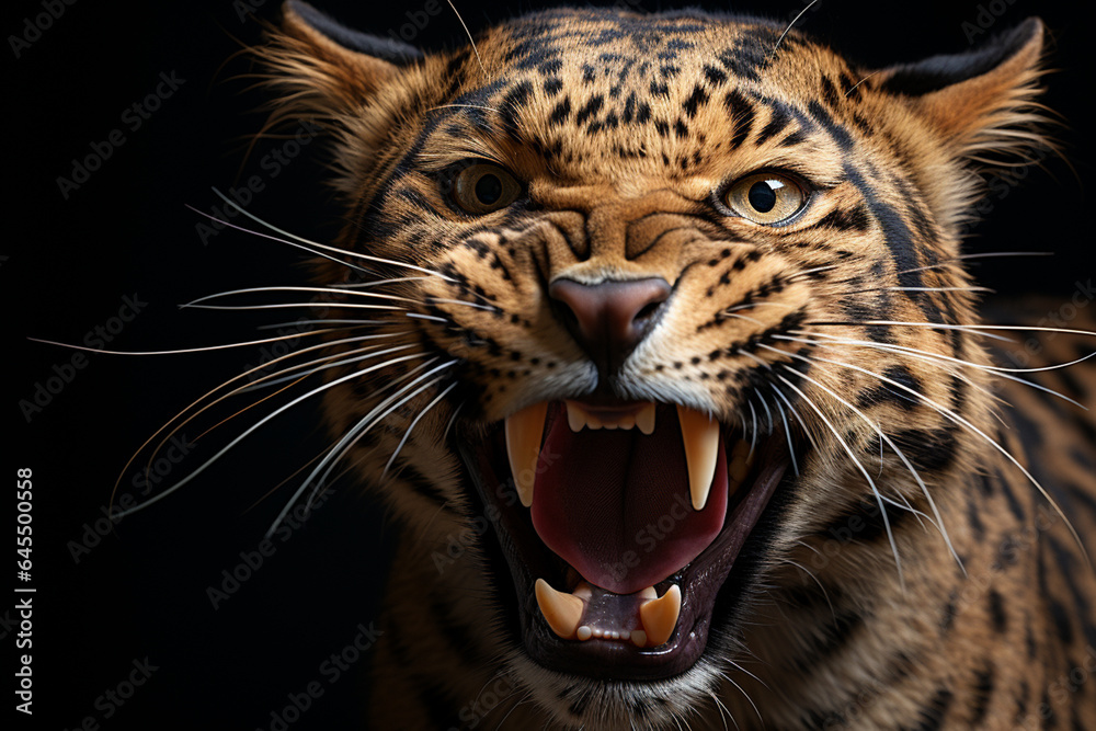 Portrait of leopard roaring. Digital painting created with Generative Ai technology