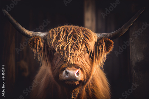 Portrait of highland cow. Digital painting created with Generative Ai technology photo