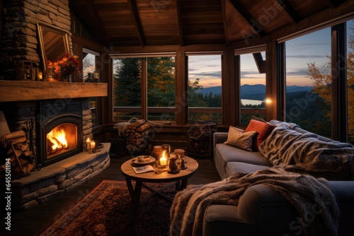 Cozy cabin interior with a roaring fireplace and views of a scenic autumn landscape 