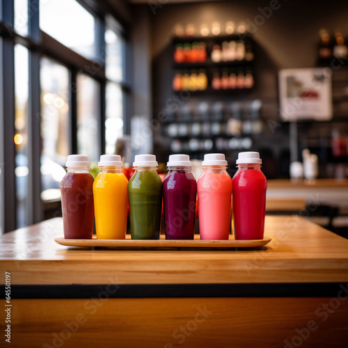 Bottles of fresh cold pressed juice in a juice bar