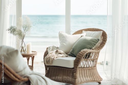 A cozy wicker chair next to a sunlit window