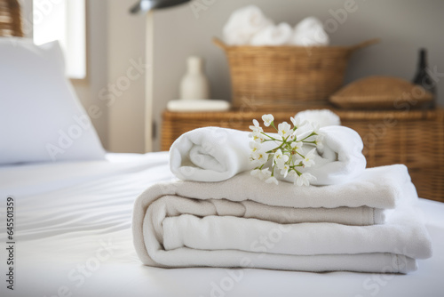 Foto Fresh towels on bed in hotel room