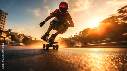 Young man using longboard skating fast enjoying cruising downhill riding skateboard at sunset. Generative AI © piai