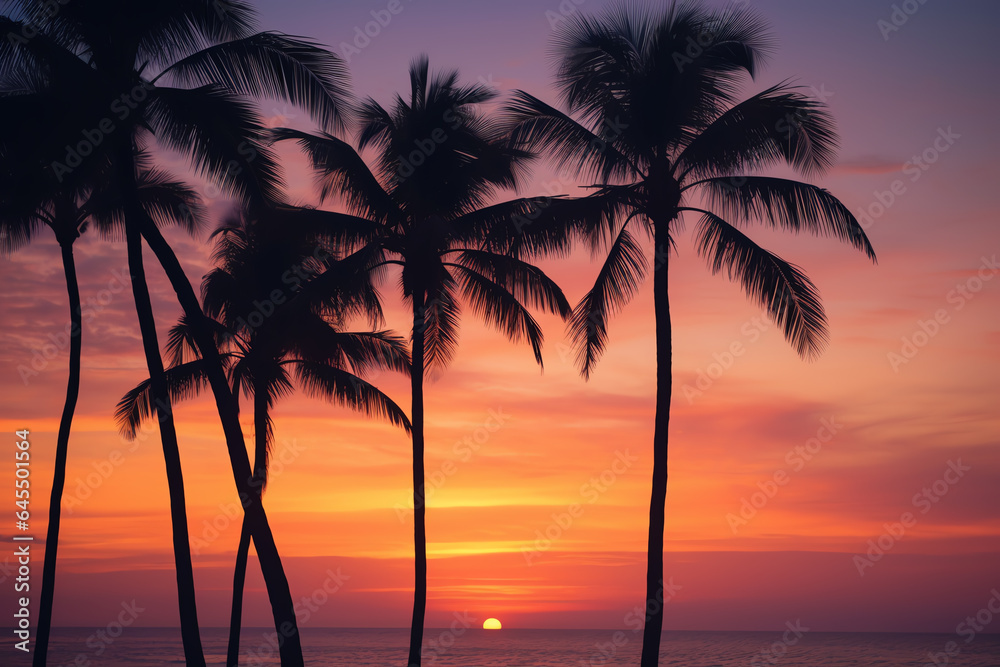 A vibrant sunset with majestic palm trees in the foreground