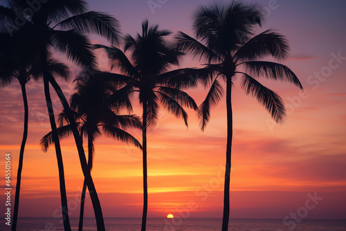 A vibrant sunset with majestic palm trees in the foreground