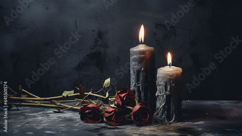 Romantic Candles and Dry or Dead Roses Against a Moody Black, Textured Background - Witchy and Dark Academia Aesthetic for Halloween or Backdrop - Grunge - With Copy Space photo