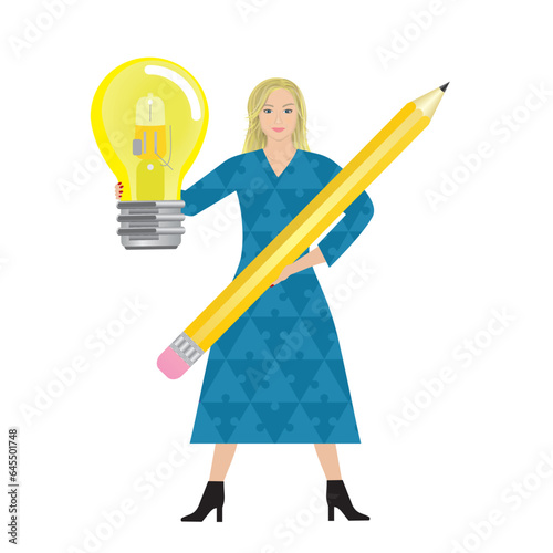 Woman with idea to write. Standing in puzzle, jigsaw pattern dress, holding light bulb and pen. Isolated. Vector illustration.
