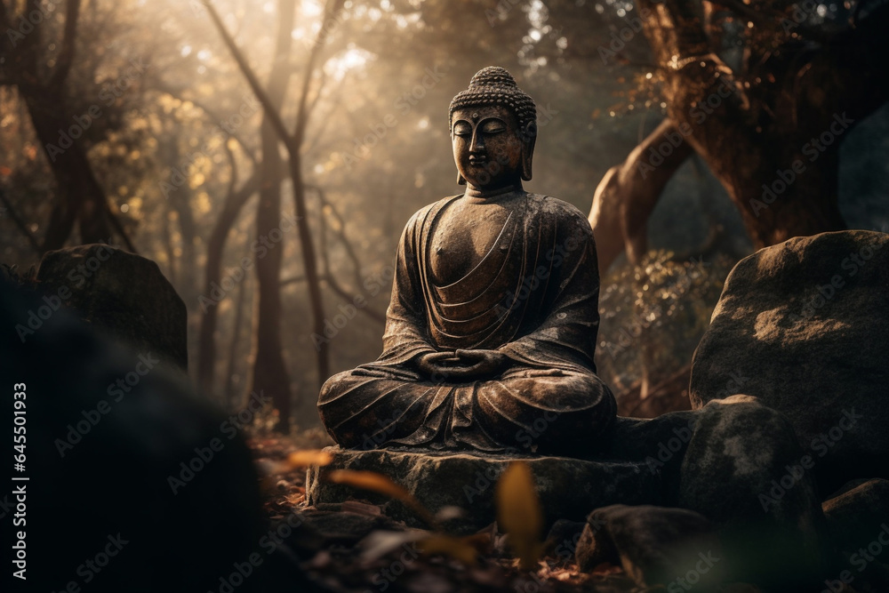 Statue sculpture of ancient Buddha in morning a forest. Zen spiritual ritual meditating white face of brown Buddha green background. Spiritual calmness and awakening. Religion travel esoterics concept