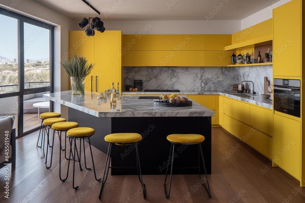 Fototapeta premium Interior of contemporary kitchen with yellow countertop and counter stools in a modern setting style