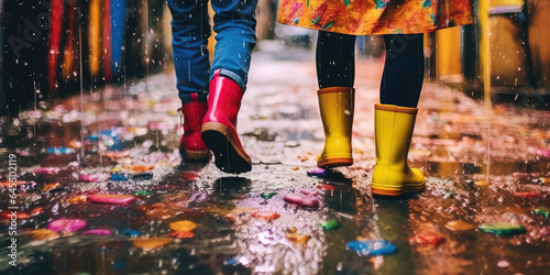 Closeup of pair of brightly colored kids rain boots splashing through puddles. Water-resistant children's shoes for autumn fall walks in puddles. 