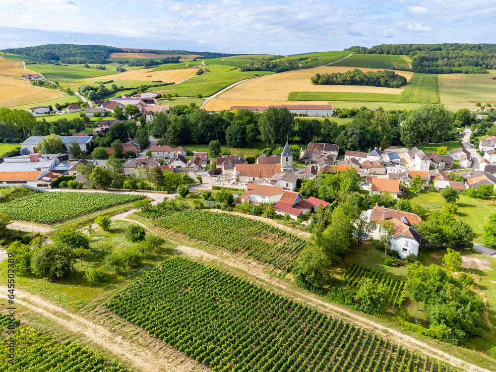 Aerial view on hilly vineyards and village Urville, champagne vineyards in Cote des Bar, Aube, south of Champange, France