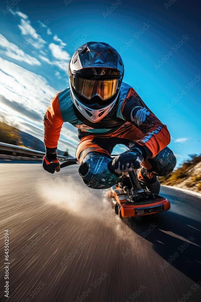 Young man using longboard skating fast enjoying cruising downhill riding skateboard at sunset. Generative AI Young man using longboard skating fast enjoying cruising downhill riding skateboard at sunset. Generative AI
