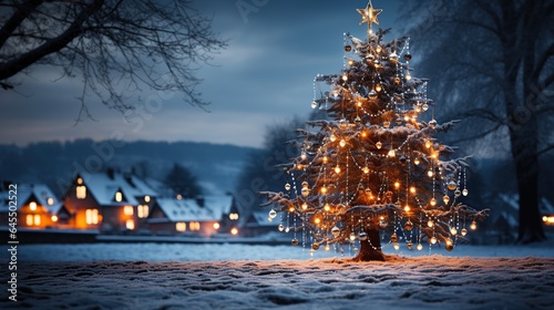Holiday Christmas Tree Decoration and street lights at night.