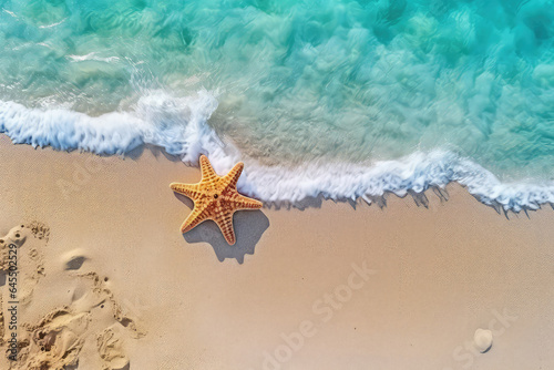 Fototapeta Naklejka Na Ścianę i Meble -  Top view of sand beach seashore, sea waves with white foam, copy space, starfish.