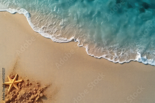 Top view of sand beach seashore, sea waves with white foam, copy space, starfish.