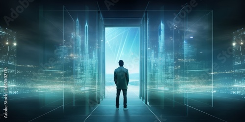 Silhouette of a Man in a Blue Uniform Standing by the Door, Gazing into the Nighttime City, Exemplifying Technology's Role in Modern Surveillance and Urban Vigilance