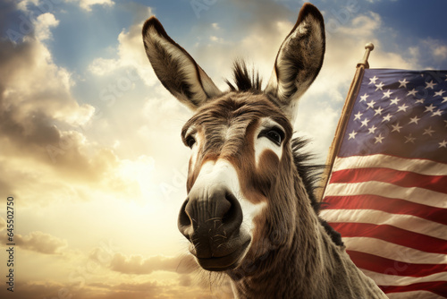 Foto Donkey as a symbol of democrats with US flag in the background