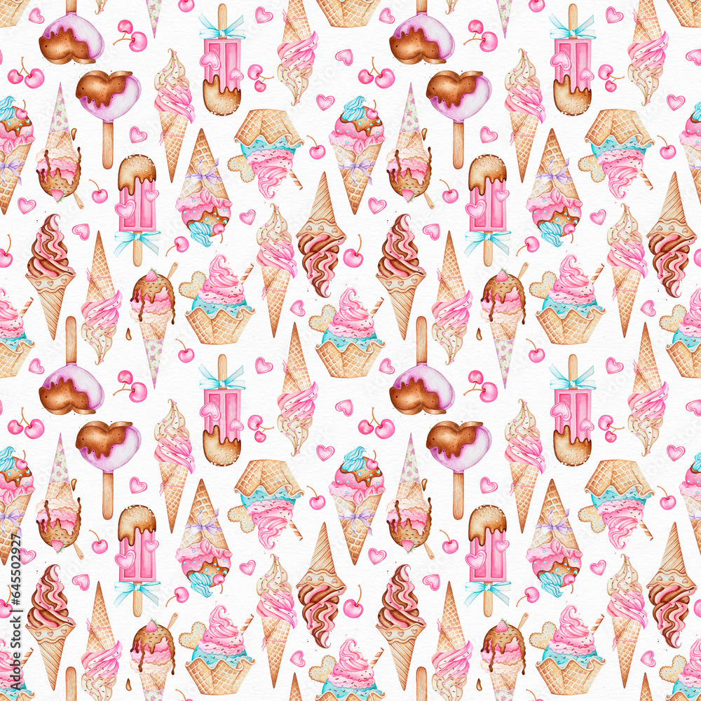 Naklejka premium watercolor Ice cream party seamless pattern digital pappers 
